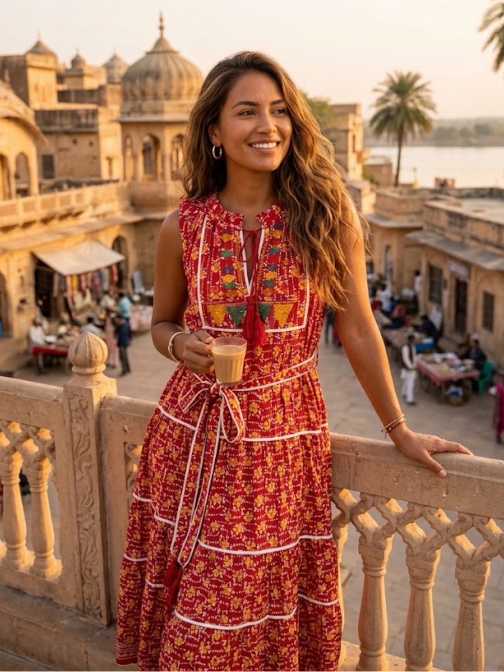 Anthropologie kopal M Red Floral Tiered Maxi Dress with Tassel Tie
